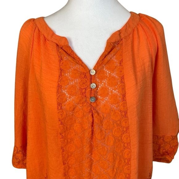 Fig & Flower Womens Boho Peasant Top Orange 3/4 Sleeve Lace Eyelet Lightweight - Picture 2 of 11